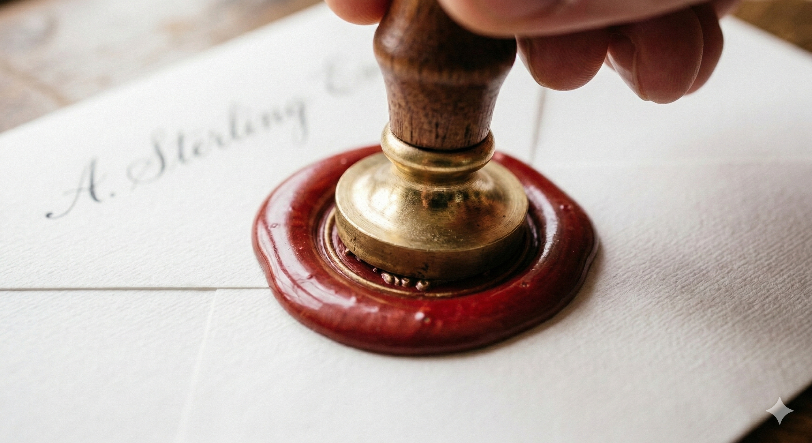 Brass wax seal stamp pressing into burgundy wax on an envelope